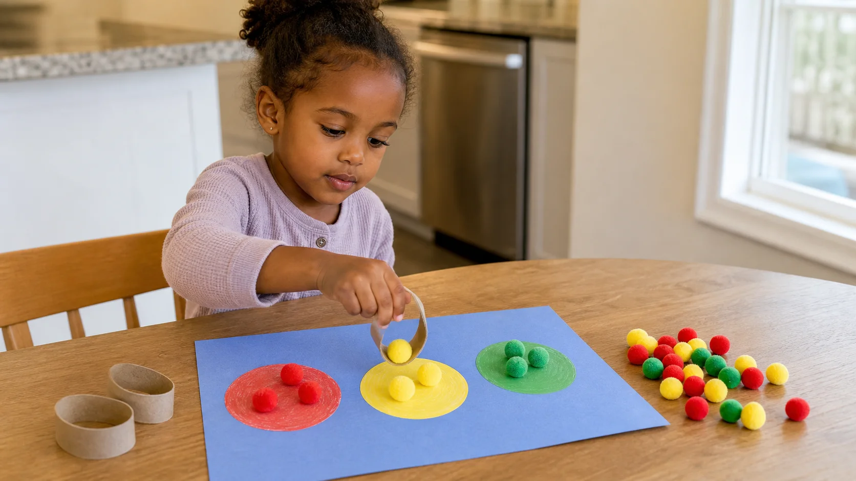 Child squeezing a cardboard ring around a pom-pom beside colored circles on paper.