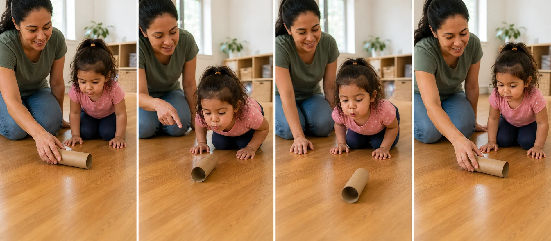 Four panels showing a grown-up placing a cardboard tube in a clear lane, modeling one blow, a child blowing the tube forward, and the tube being reset for another round.