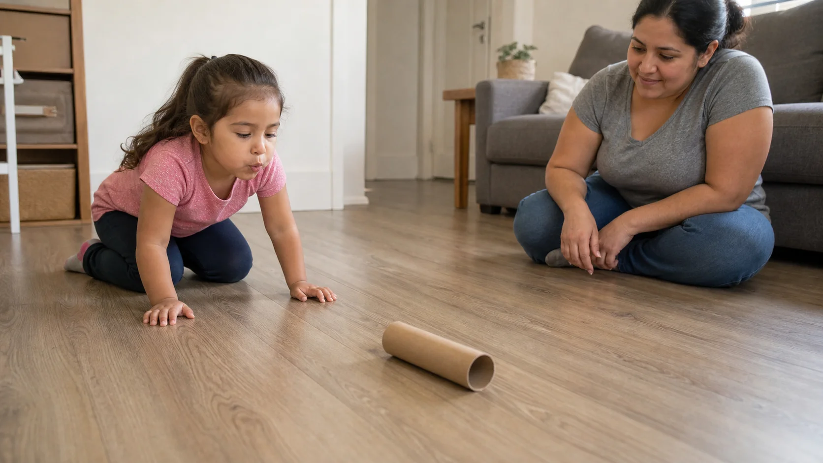 A young child kneeling on the floor and blowing a cardboard tube across a clear indoor play lane while a grown-up watches nearby.