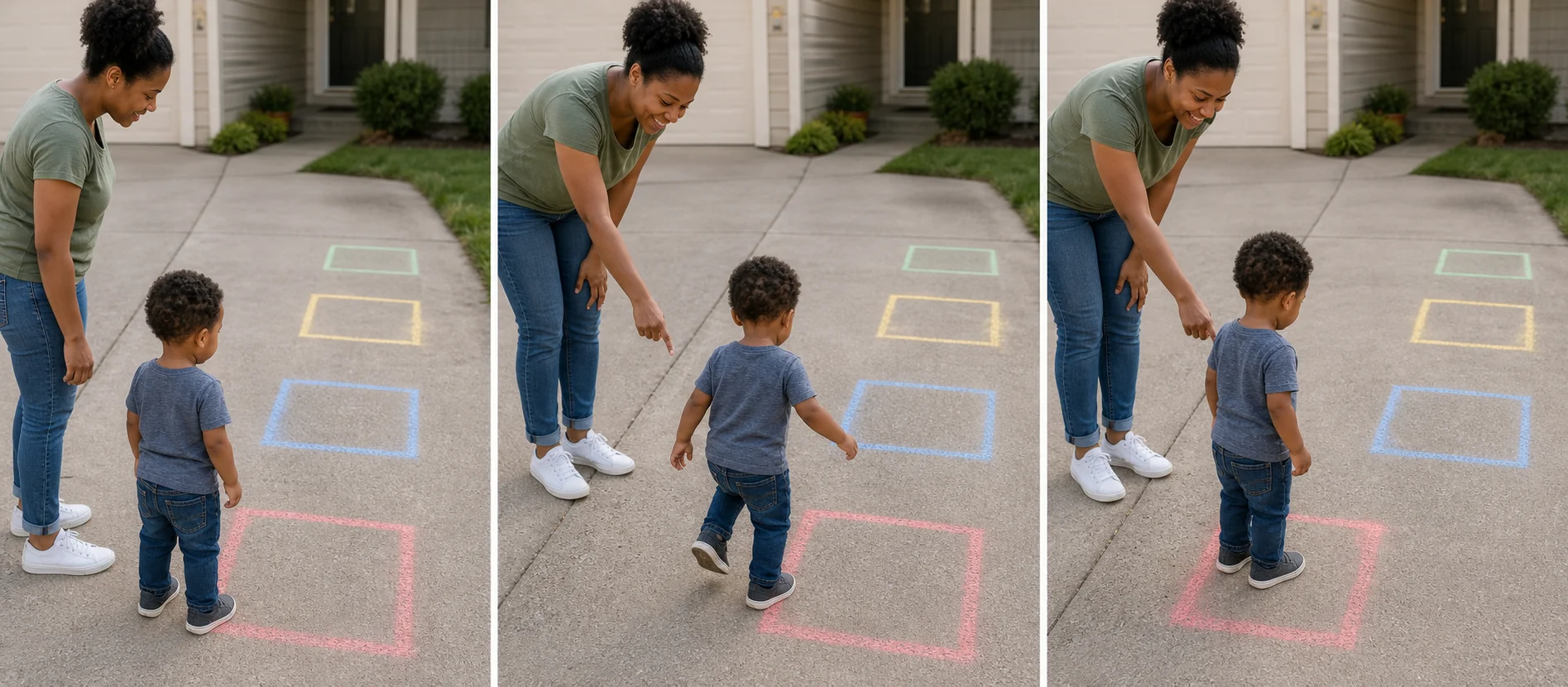 Three panels showing colored chalk squares on a driveway, a grown-up pointing to one square, and a toddler walking to the named color.