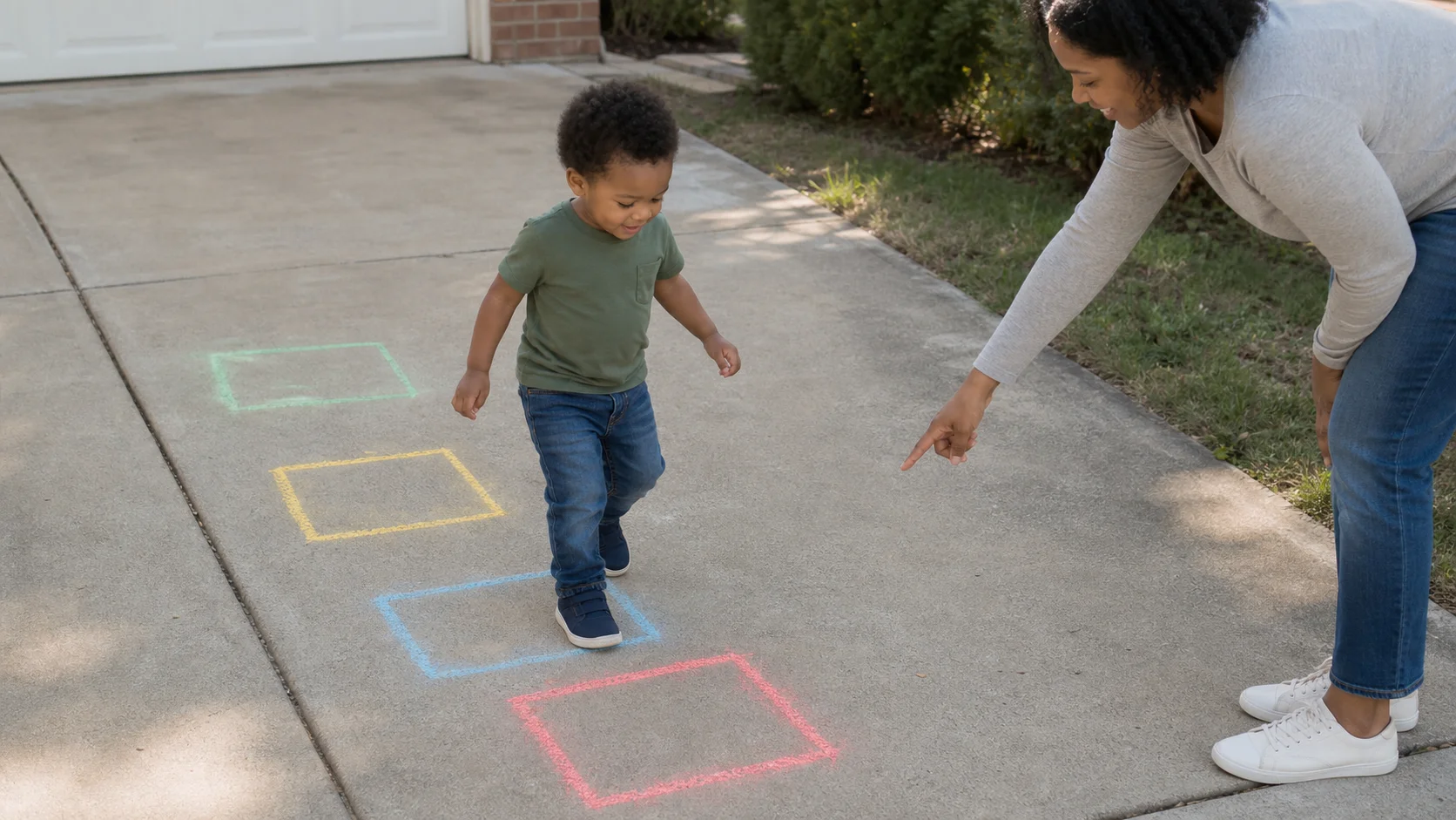 A toddler walking toward a bright chalk square on a driveway while a grown-up points to the next color.
