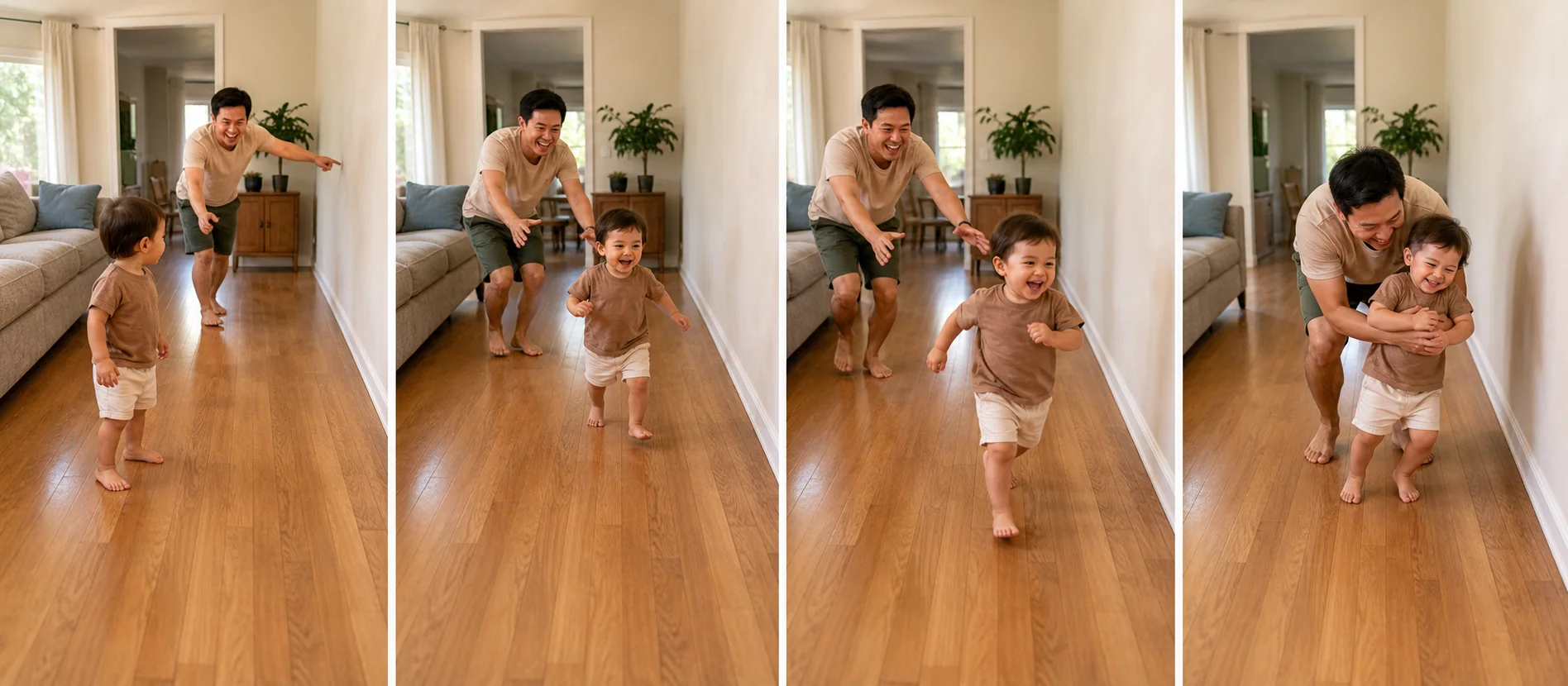 Four panels showing a clear indoor path, a grown-up giving the chase cue, a toddler running across the room, and a gentle catch before both reset for another round.