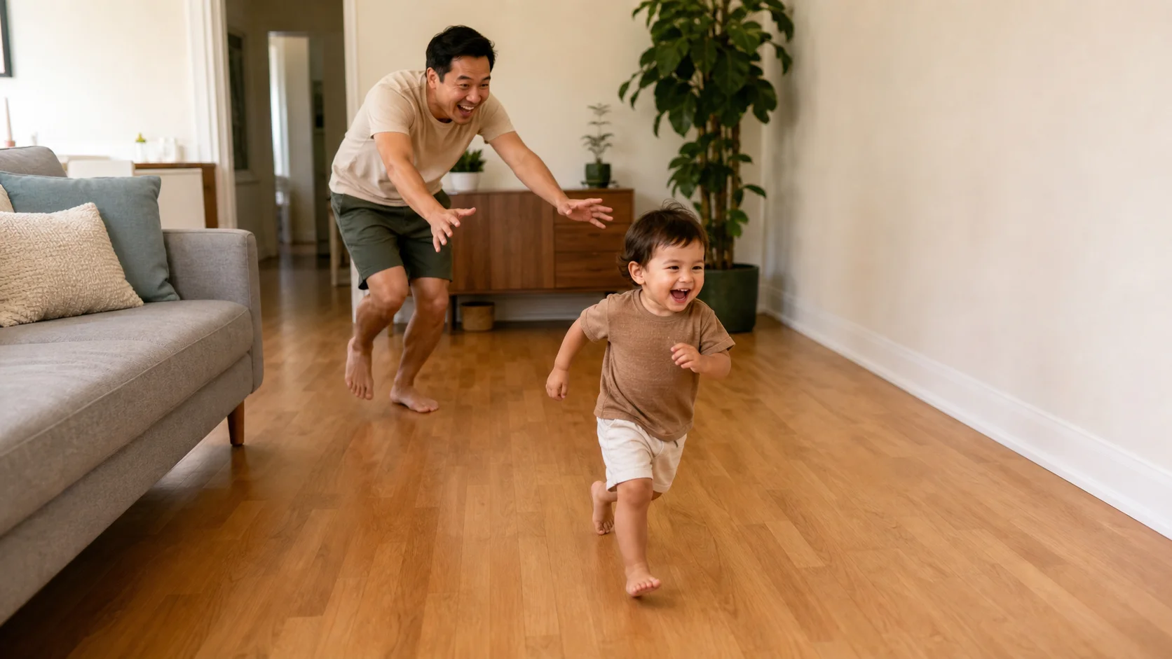 A toddler laughing while running across a clear living room floor as a grown-up follows a few steps behind with open arms.