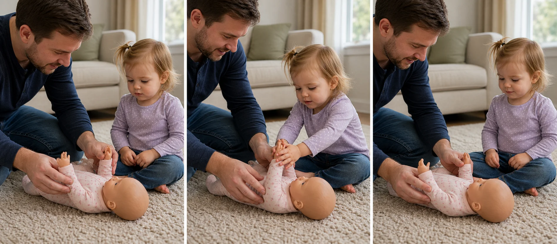 A three-panel sequence showing a grown-up modeling a doll clap, a toddler copying the clap, and the doll resting after the turn.