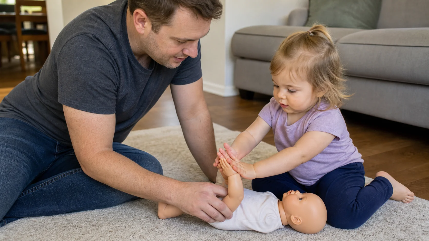A toddler and grown-up sitting on the floor with a baby doll, helping the doll clap its hands once.