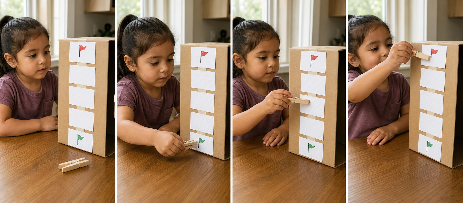 A sequence showing the clothespin starting at the bottom card, climbing card by card, and reaching the finish flag.