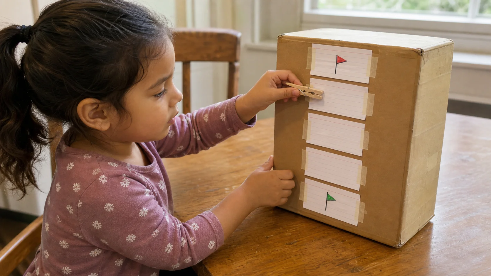 A child clips a clothespin onto index-card steps taped to the side of a shoe box.