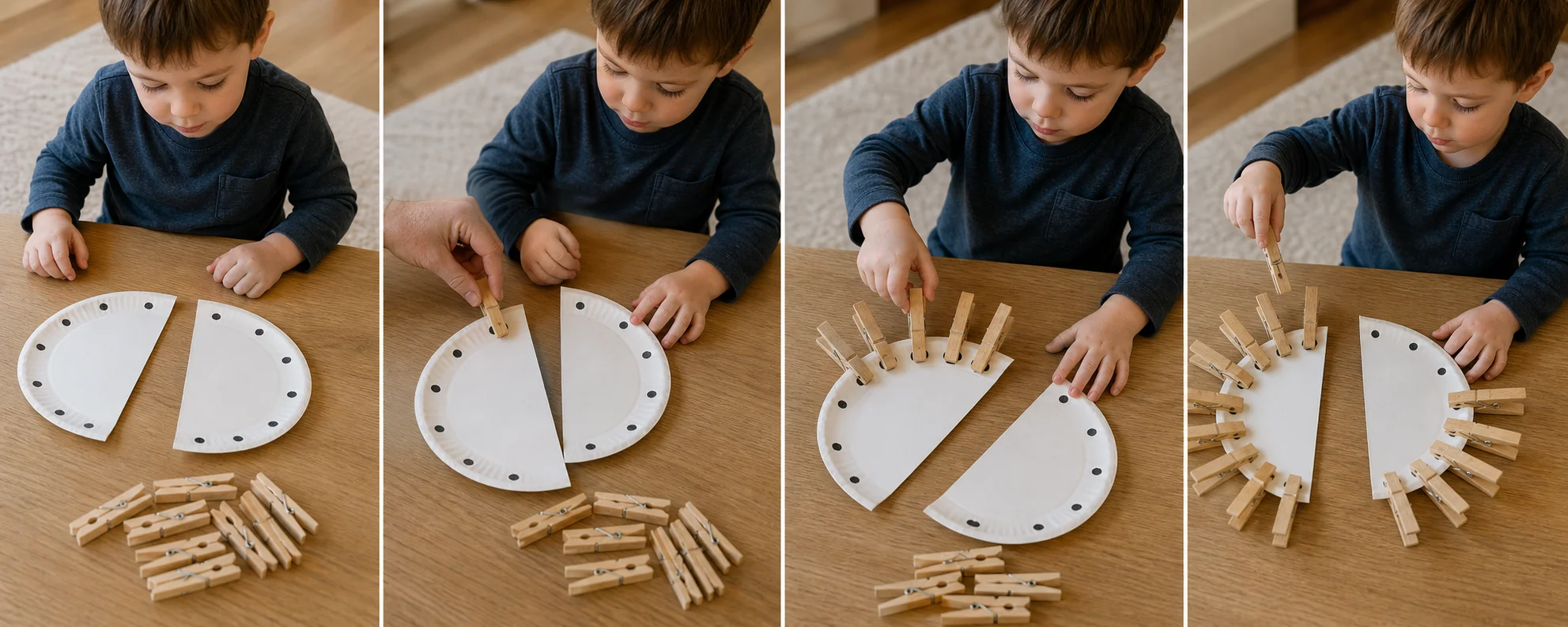 Four panels showing a paper plate cut in half, dots drawn on the curved edge, a grown-up modeling one clip, and a child filling the dots with clothespins.