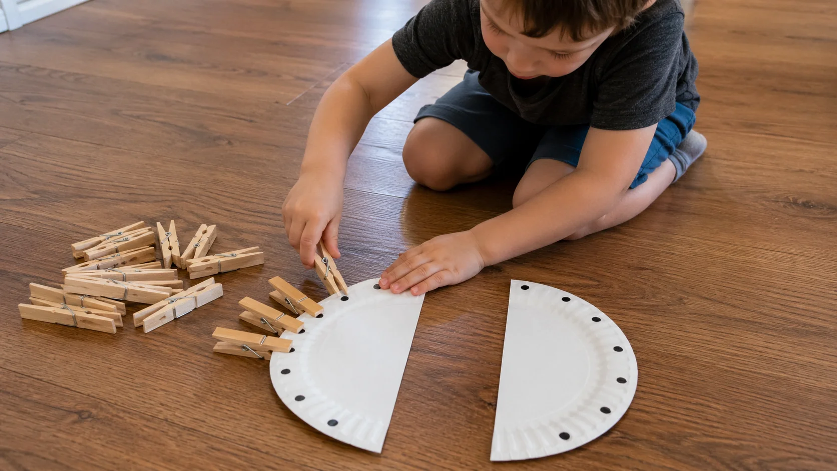 A child clipping clothespins onto marker dots around the curved edge of a paper plate half.