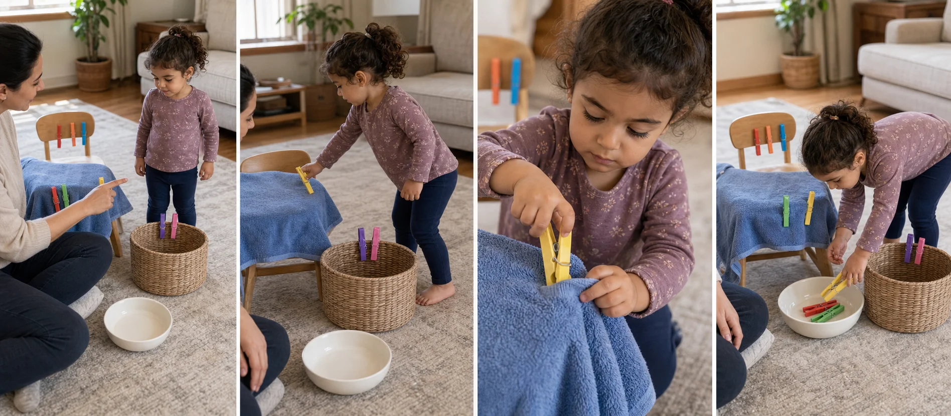 Three-step sequence showing clothespins clipped around a room, a child squeezing one open, and the pegs returning to one spot.