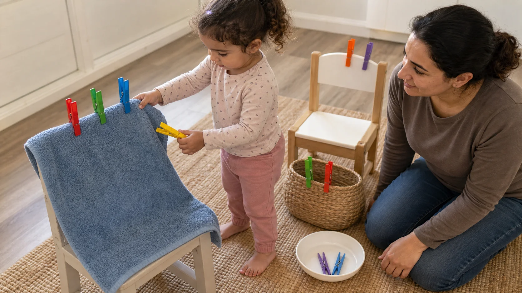 Toddler removing a clothespin from a towel during an indoor hunt game.