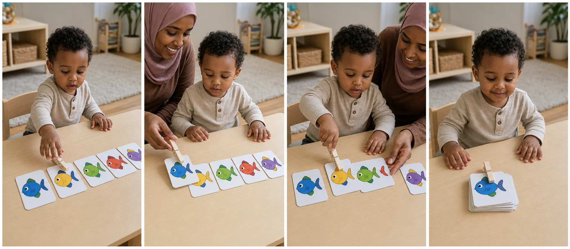 Four panels showing fish cards set out, a grown-up modeling one clothespin clip, a child clipping the clothespin onto a fish, and the fish cards stacked together for another round.