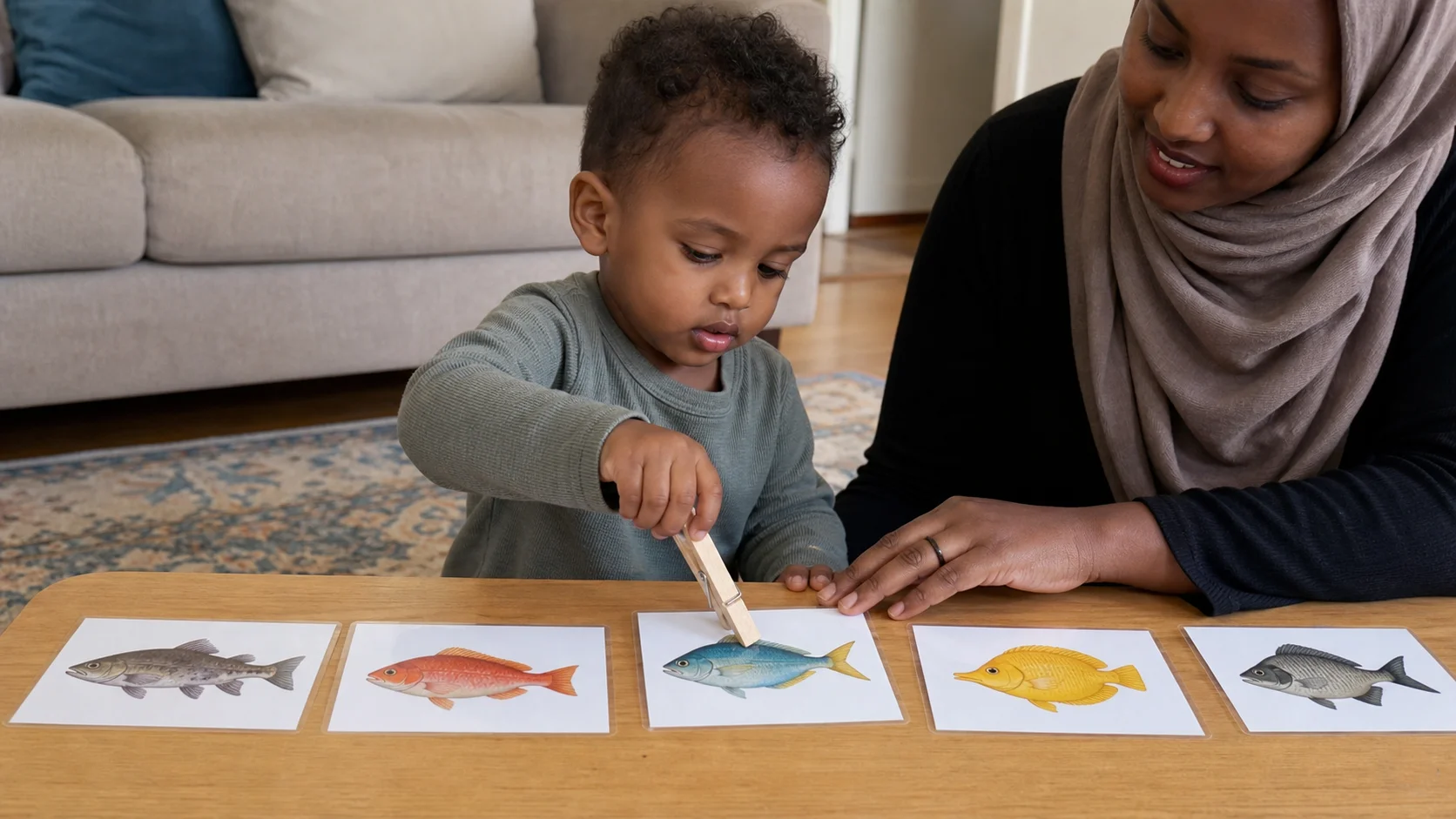 A toddler at a low table squeezing a plain wooden clothespin onto a fish card while a small row of fish waits nearby.