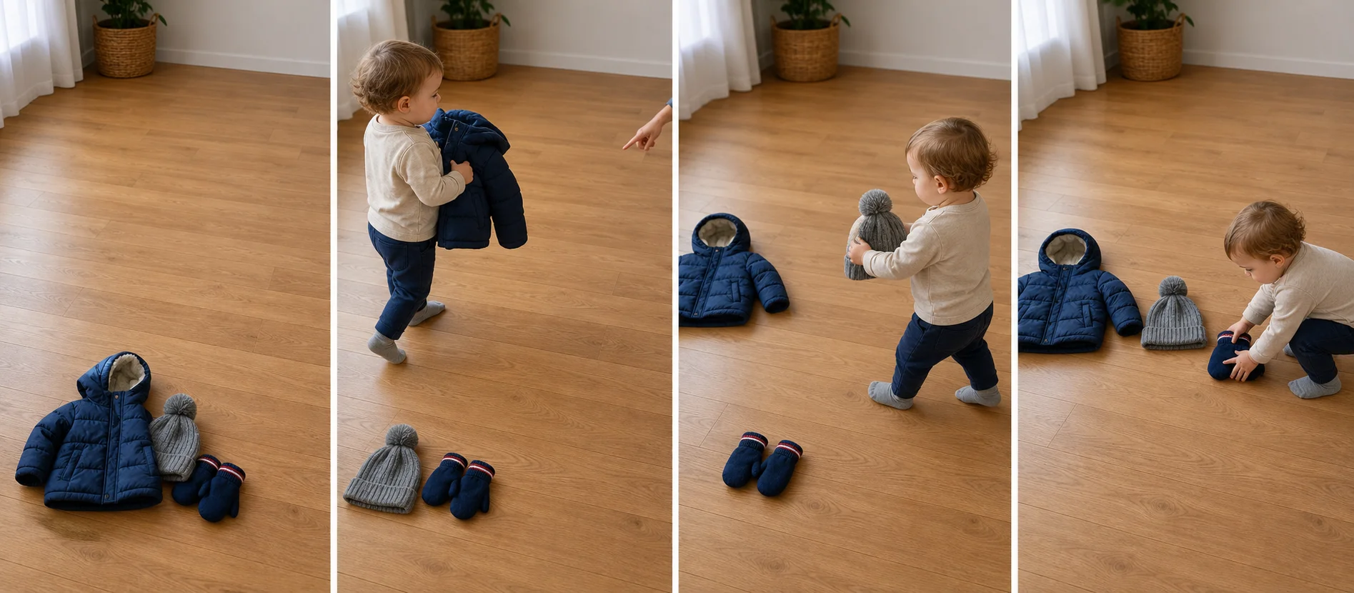 Four panels showing a coat, hat, and mittens in one start pile, a toddler carrying each item over, and the finished clothing row.