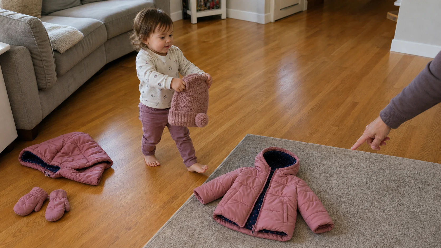 A toddler carrying a hat toward a small floor row with a coat and mittens during a simple dressing routine game.