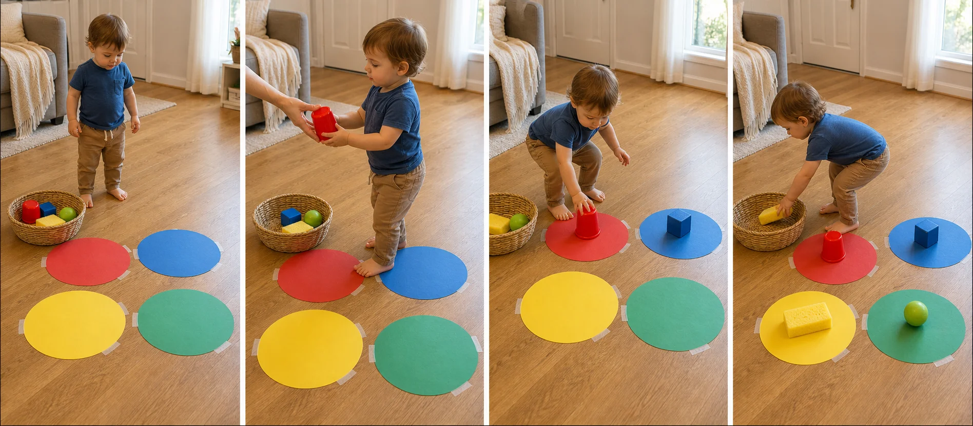 Four panels showing colored circles taped to the floor, a basket of objects, a child carrying one object to the match, and the filled mat.
