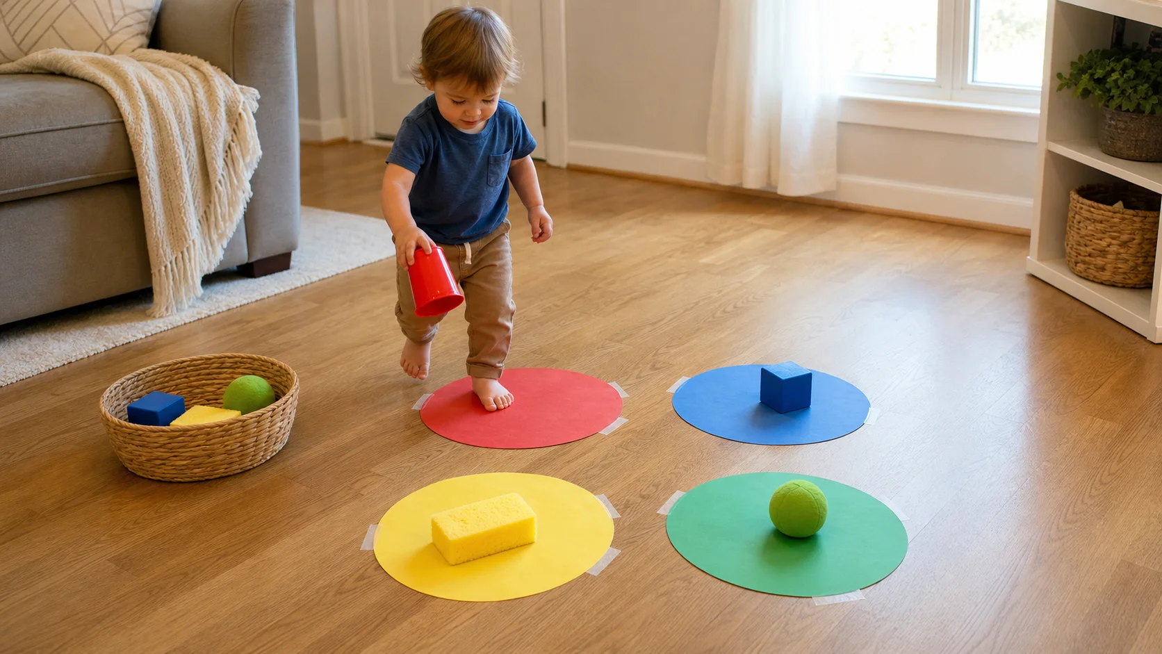 A toddler carrying a colored household object toward matching paper circles taped to the floor.