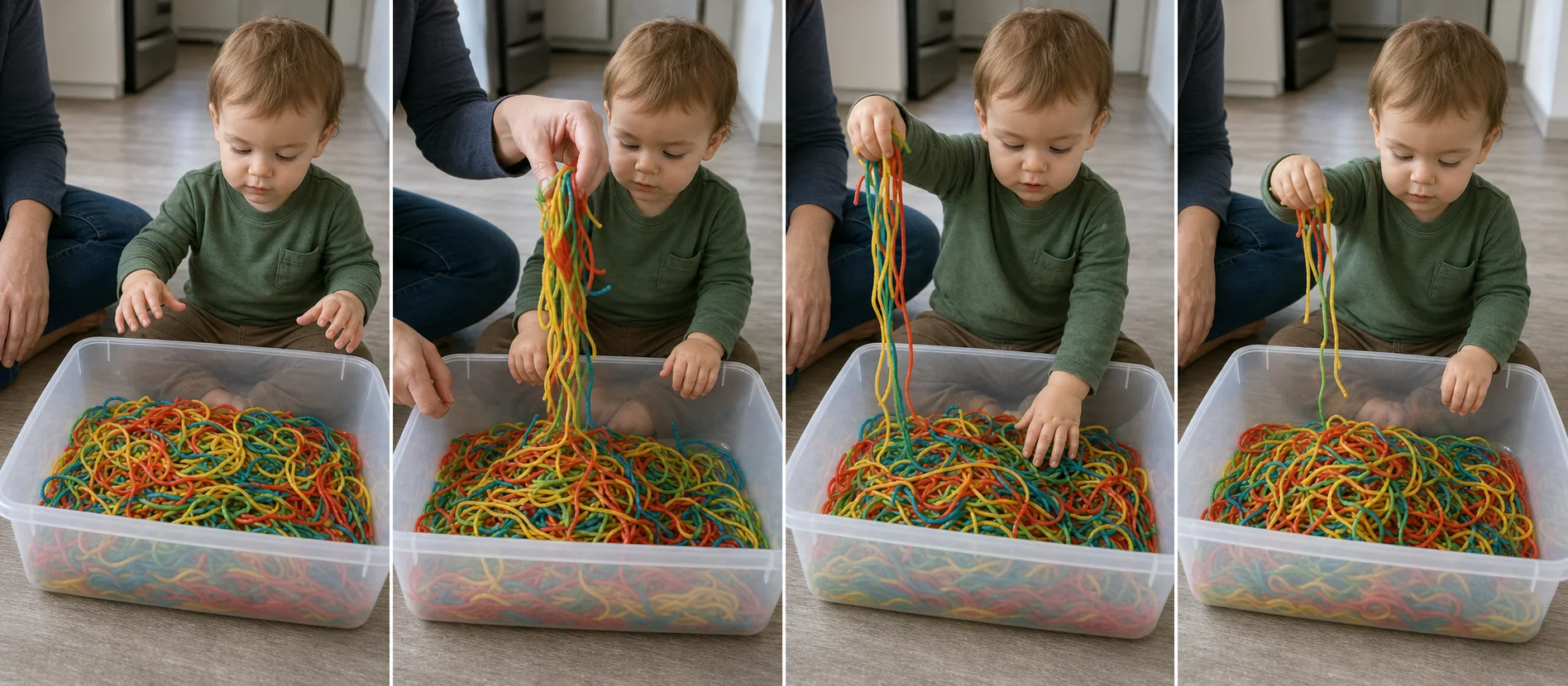 Four panels showing cooked coloured spaghetti set in one tub, a grown-up modeling one squeeze-and-drop turn, a toddler lifting and dropping the strands, and the spaghetti gathered back into the tub for another round.