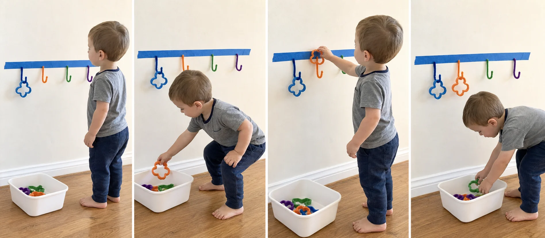 Three-step sequence showing a toddler choose a cookie cutter, find the matching wall hook, and hang it from above.