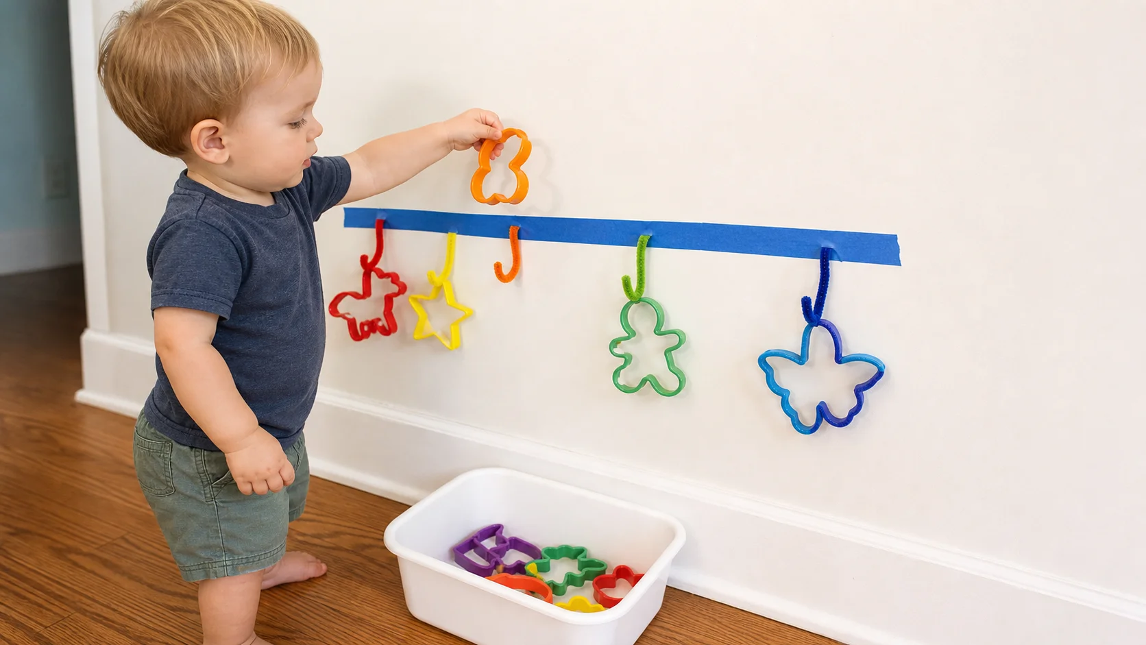 Toddler hanging a colored cookie cutter onto a matching pipe-cleaner hook taped low on a wall.