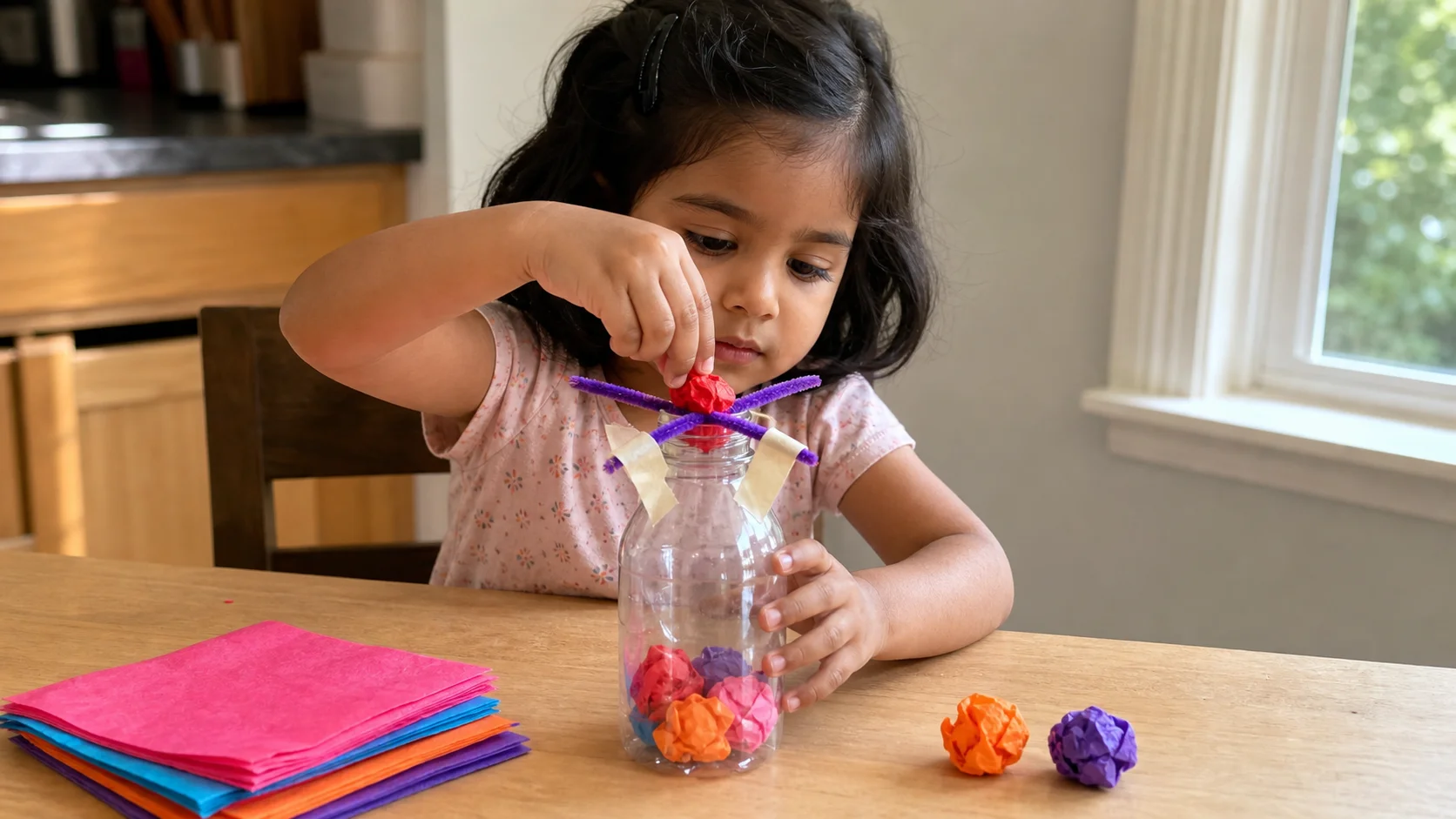 A preschool child pushes a crumpled tissue ball through pipe cleaners crossed over an empty bottle.