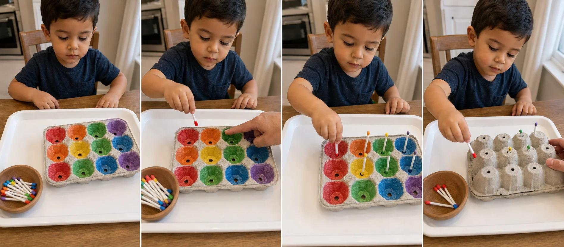 A toddler chooses a colored cotton swab, finds the matching egg-carton hole, pushes it through, and flips the carton to reset.