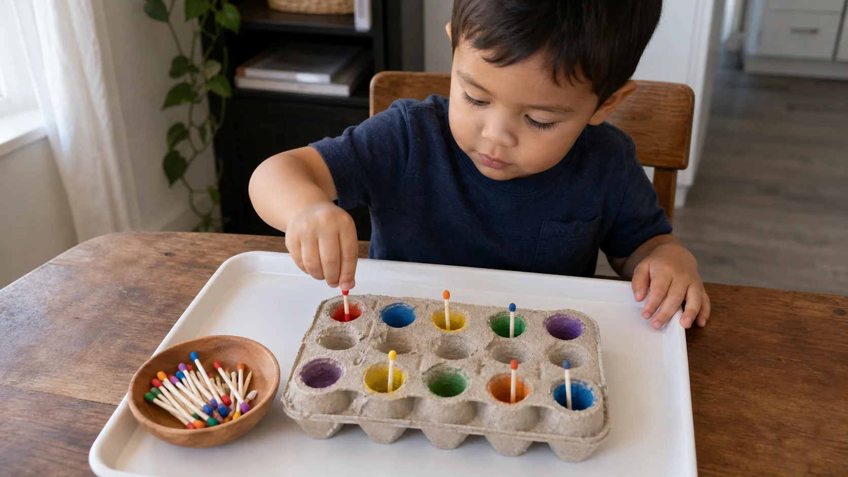A toddler pushing a colored cotton swab into the matching hole of an egg carton on a tray.