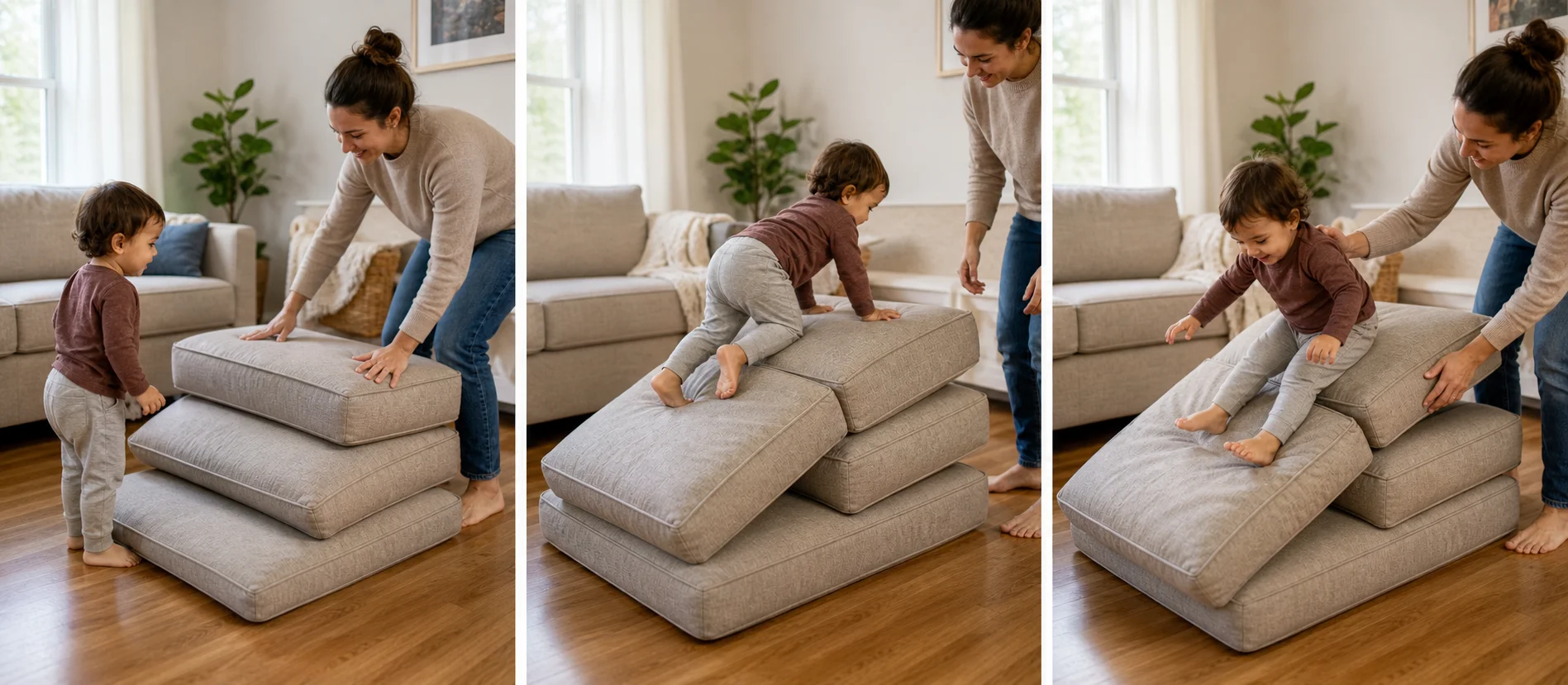 Three-panel sequence showing a grown-up stacking couch cushions, a toddler climbing to the top, and the toddler climbing back down for another turn