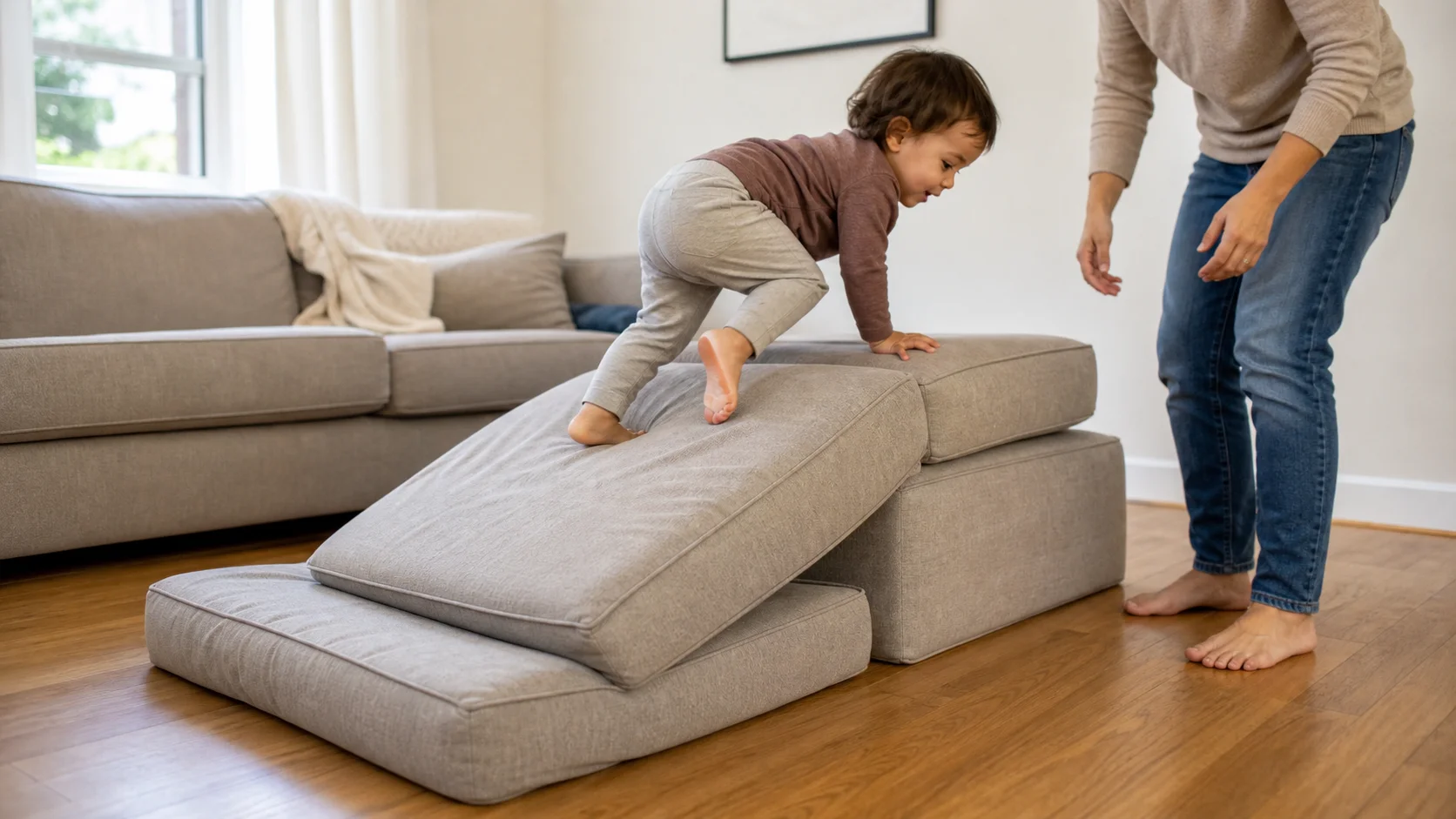 Toddler climbing up a low stack of couch cushions on a living room floor while a grown-up stays close beside the stack