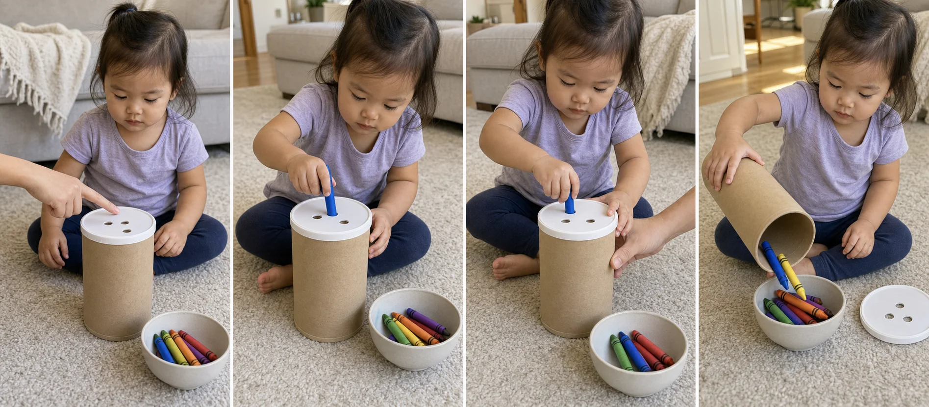 A toddler chooses a crayon, aims it at a lid hole, pushes until it drops inside, then dumps the crayons out to reset.