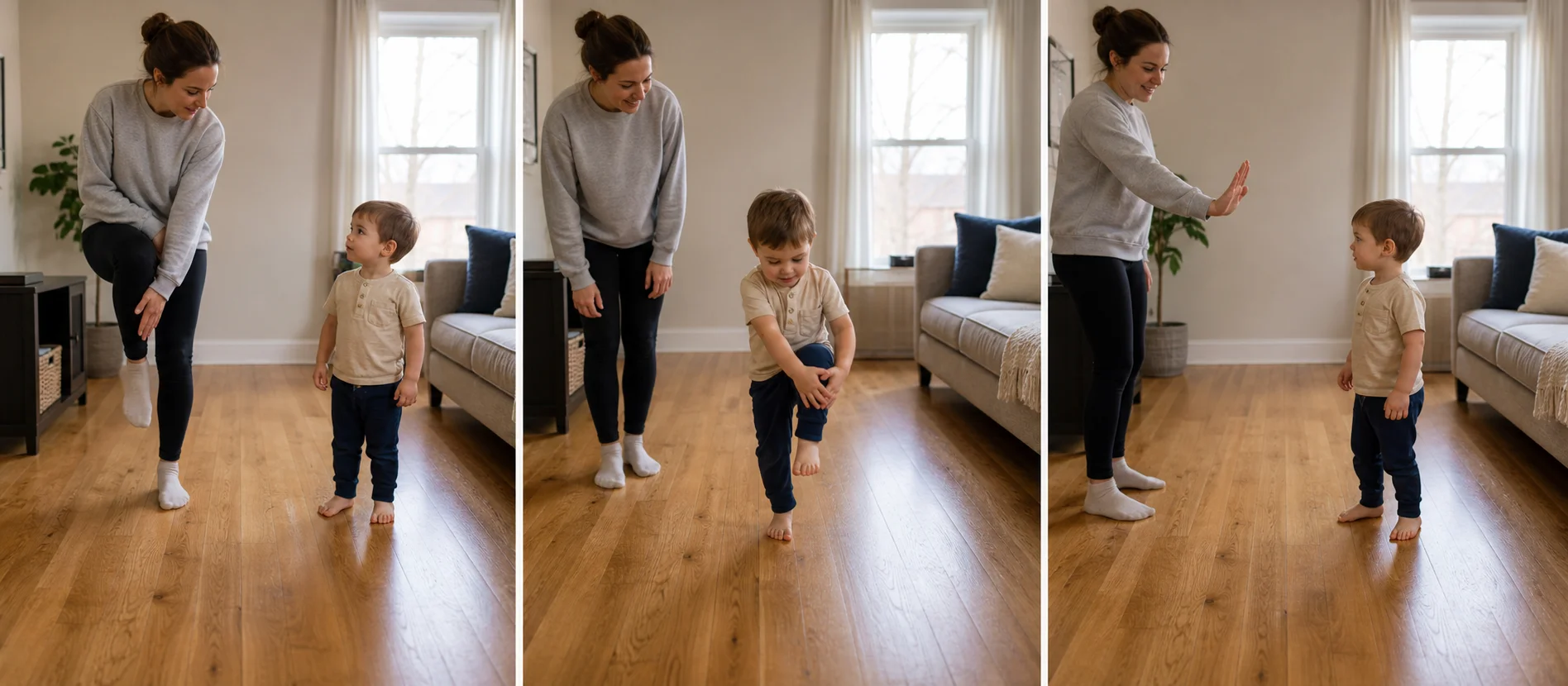 A multi-panel sequence shows a grown-up modeling a cross-crawl tap, a child marching and tapping opposite knees, and the pair stopping to reset for another round.