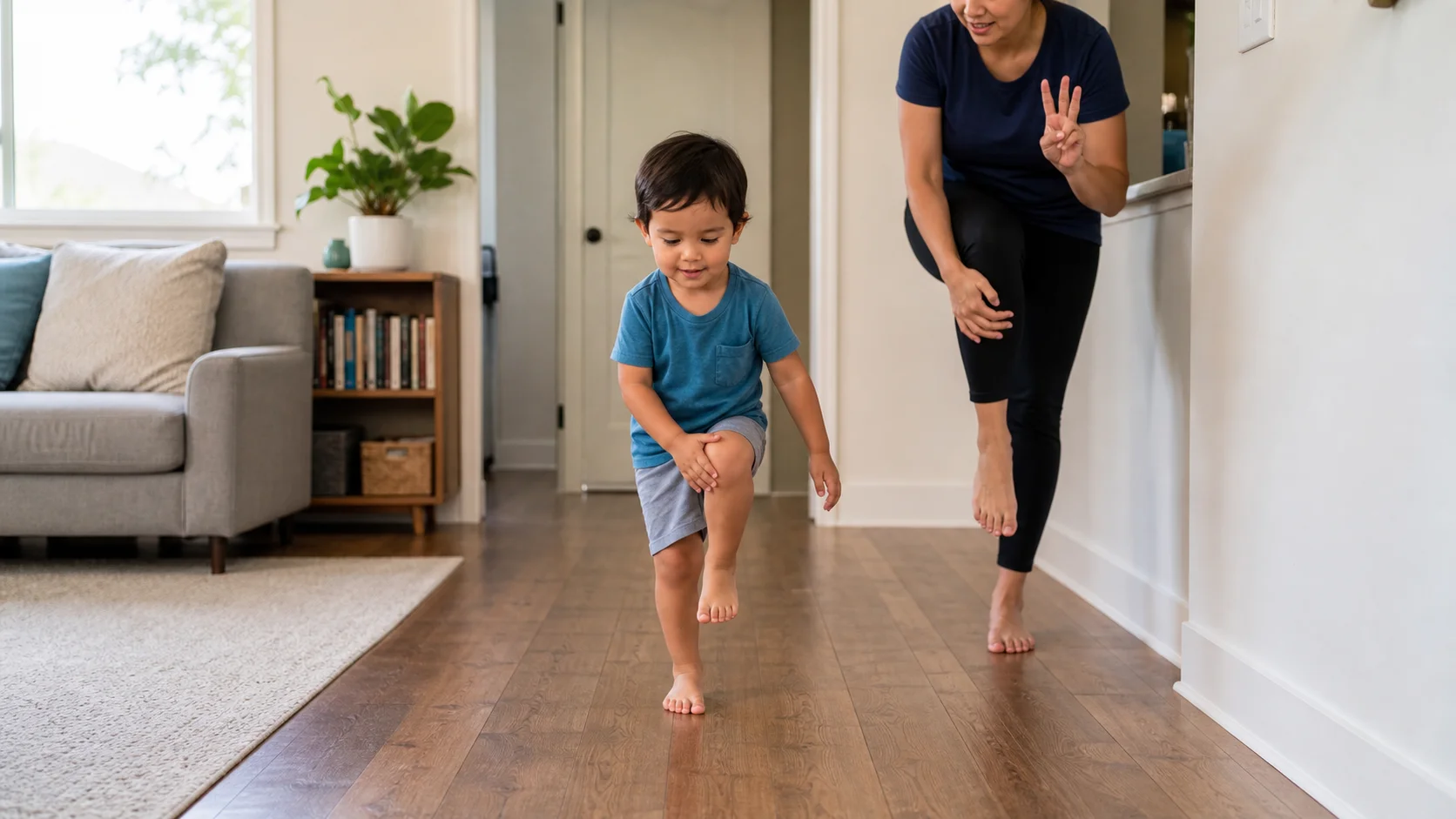 A young child marches across a clear indoor floor lane while touching one knee with the opposite hand as a grown-up models beside them.