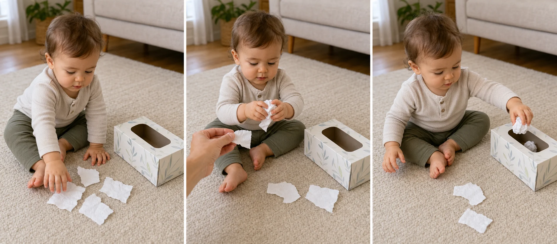 Three panels showing paper pieces beside an open box, a grown-up modeling one crumpled drop, and a toddler tearing and dropping paper into the container.
