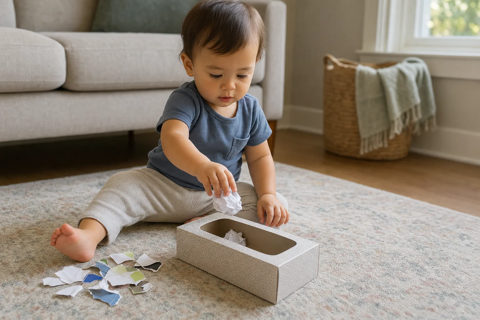 A toddler sitting on the floor dropping a crumpled paper ball into an open tissue box beside a small pile of paper.
