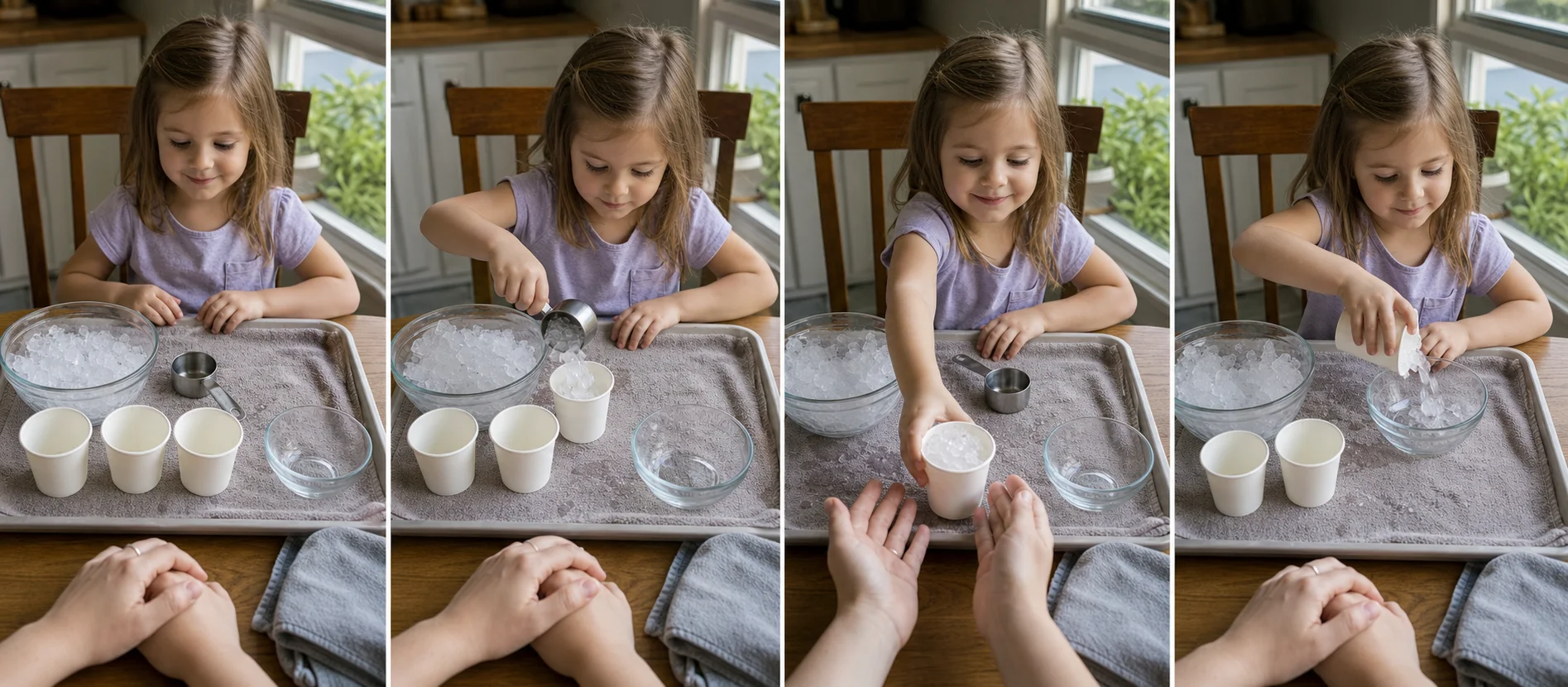 Four panels showing the tray setup, the child scooping crushed ice into a paper cup, serving the cup to a grown-up, and dumping the ice into a reset bowl.