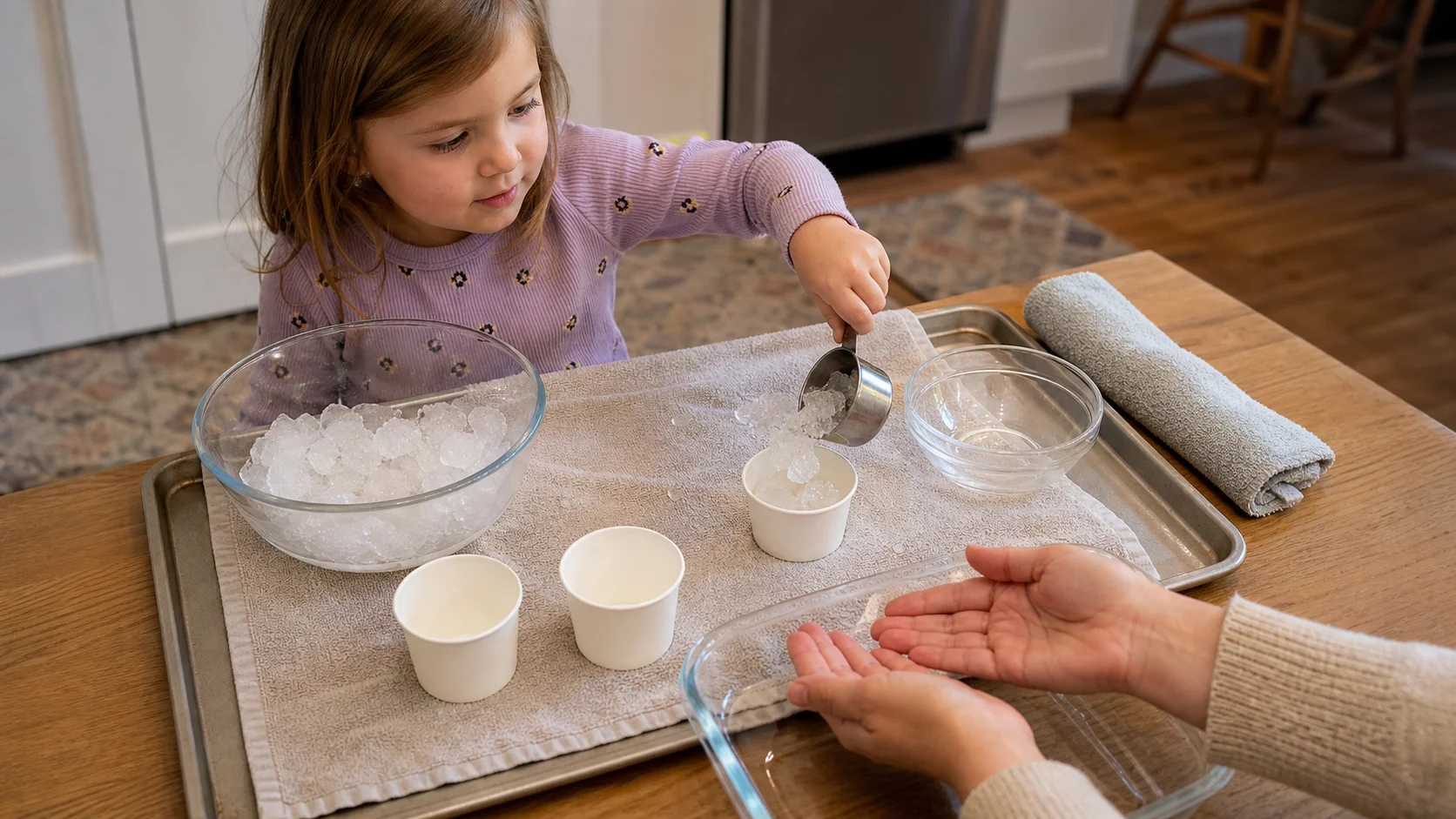 A child uses a small scoop to fill a paper cup with crushed ice on a tray while a grown-up waits as the pretend customer.