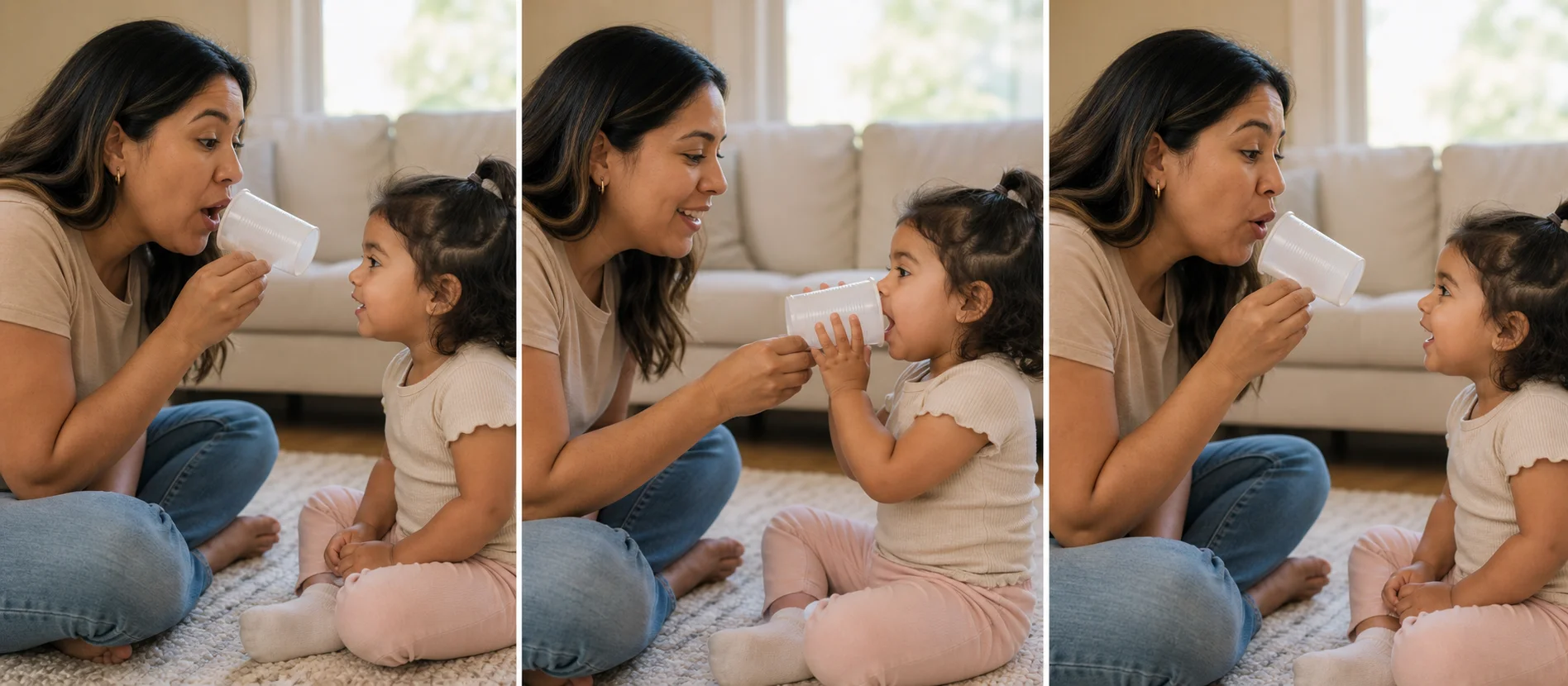 A multi-panel play sequence showing a grown-up making an animal sound into a cup, a toddler taking a turn, and the grown-up echoing the sound back.