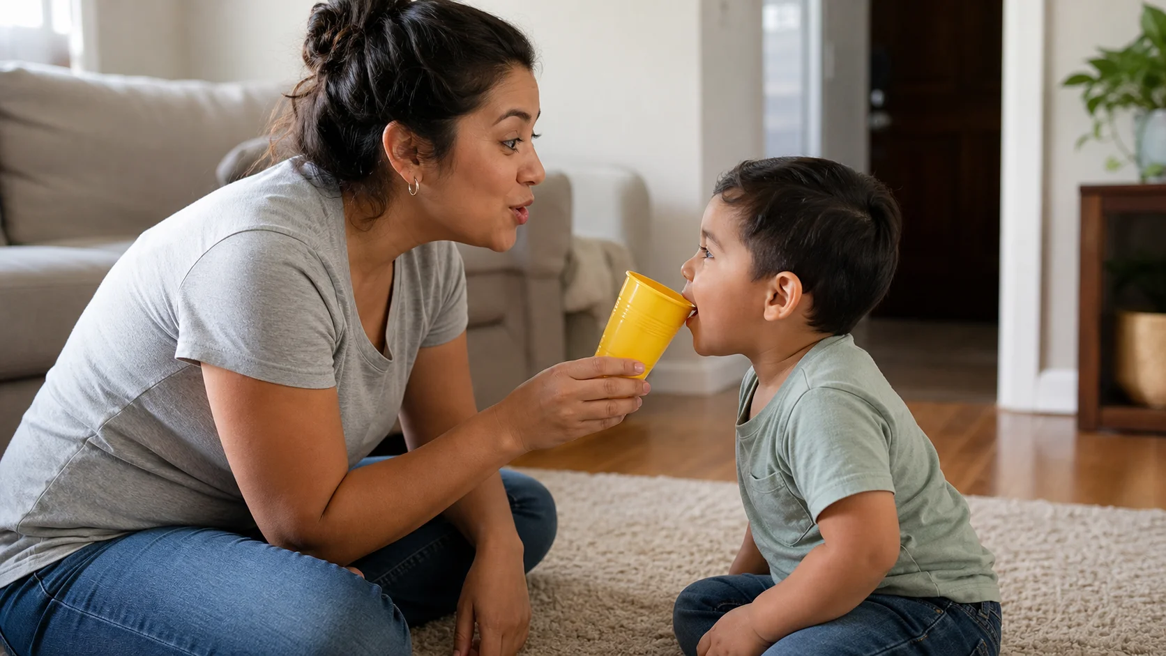 A grown-up and toddler sit face to face using a plastic cup as a pretend microphone while taking turns making animal sounds.