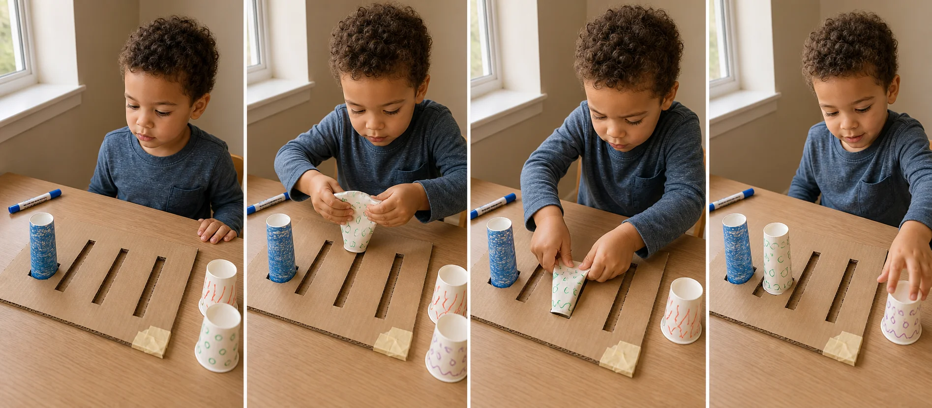 Steps showing a child decorating a cup, squeezing it flat, posting it through a cardboard slot, and adding another tower.