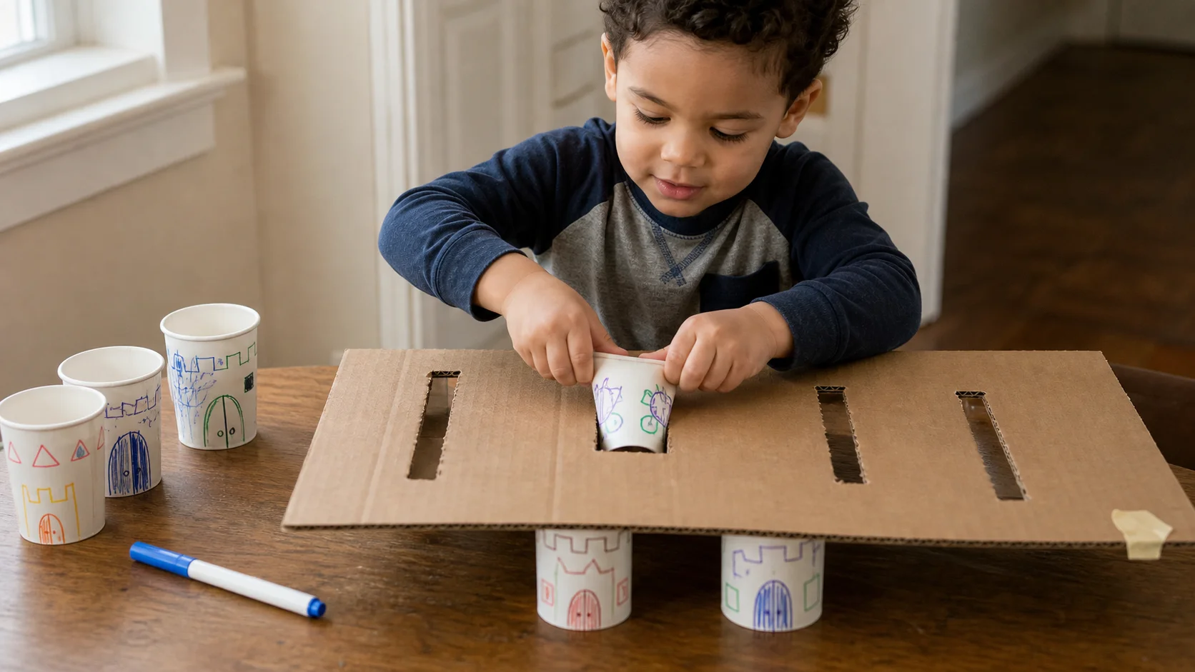 Child squeezing a decorated paper cup flat before pushing it through a cardboard slot in a castle base.
