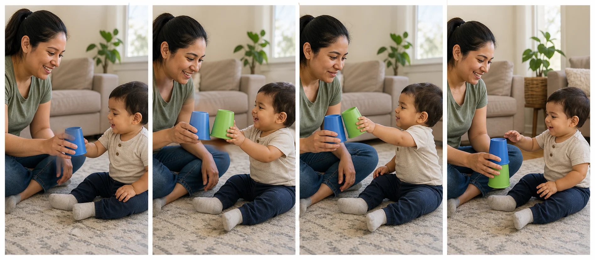 Four panels showing a grown-up holding out one cup, the first cheers tap, the toddler reaching in for the next clank, and the cups stacking away at the end.