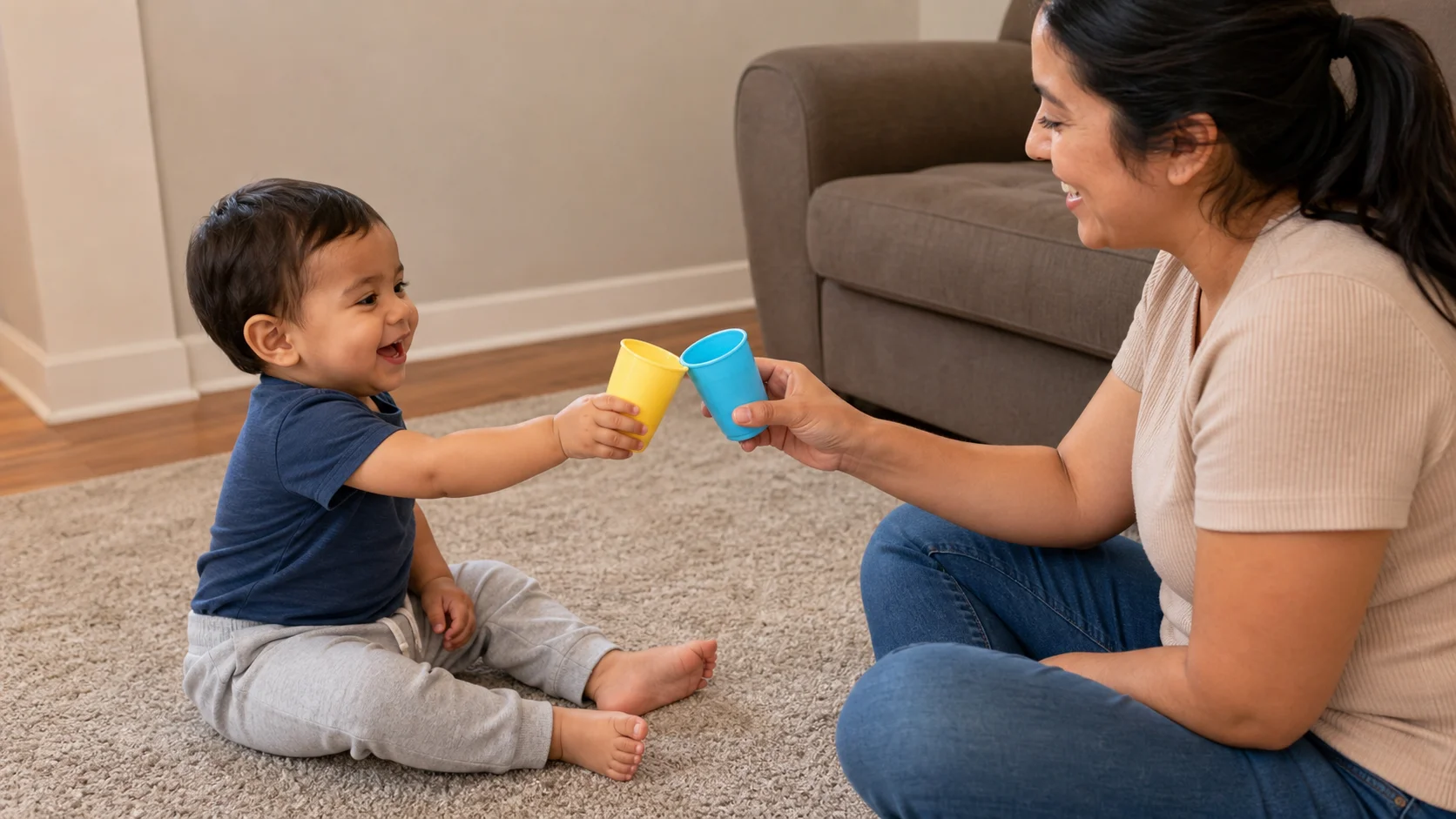 A grown-up and toddler sitting face to face and tapping 2 lightweight cups together in a simple cheers game.