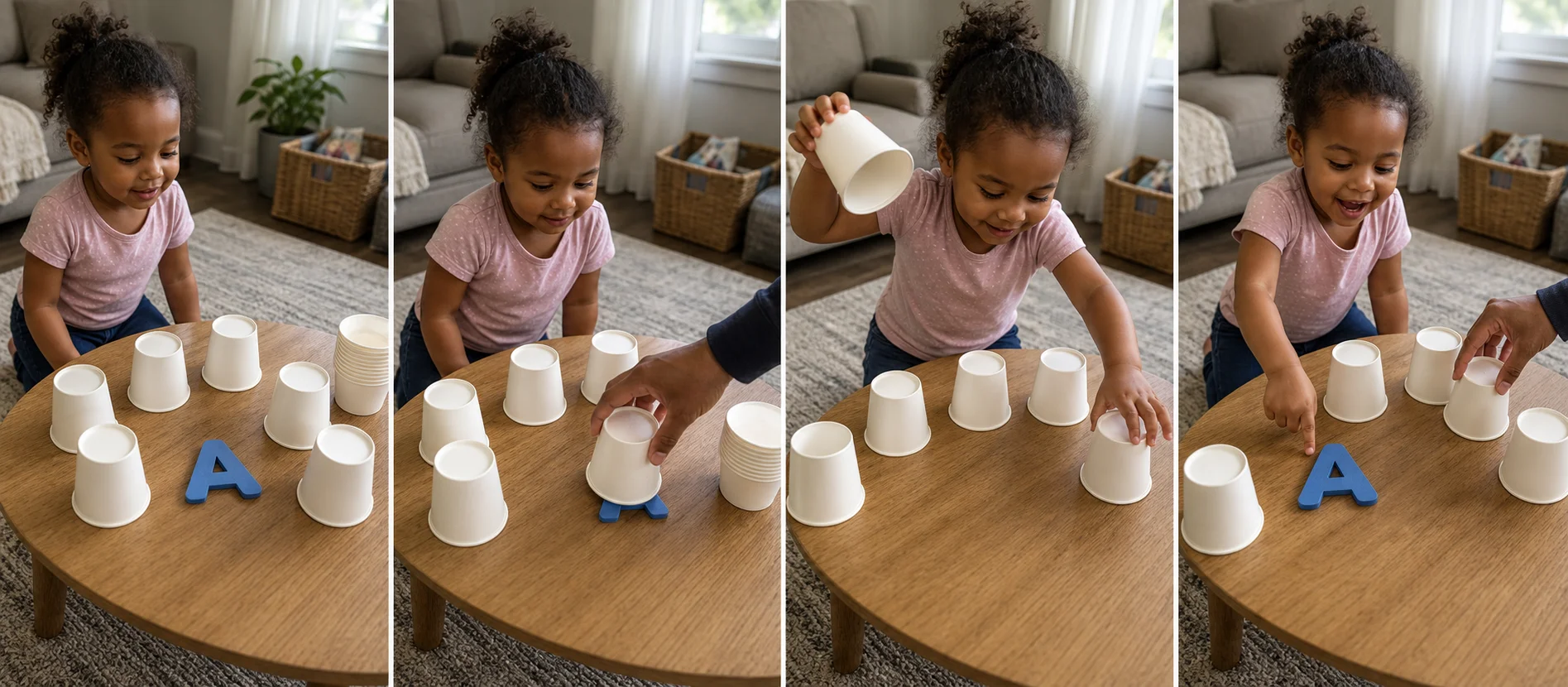 Three-step sequence showing a letter hidden in a paper cup, the toddler searching, and the found letter celebration.
