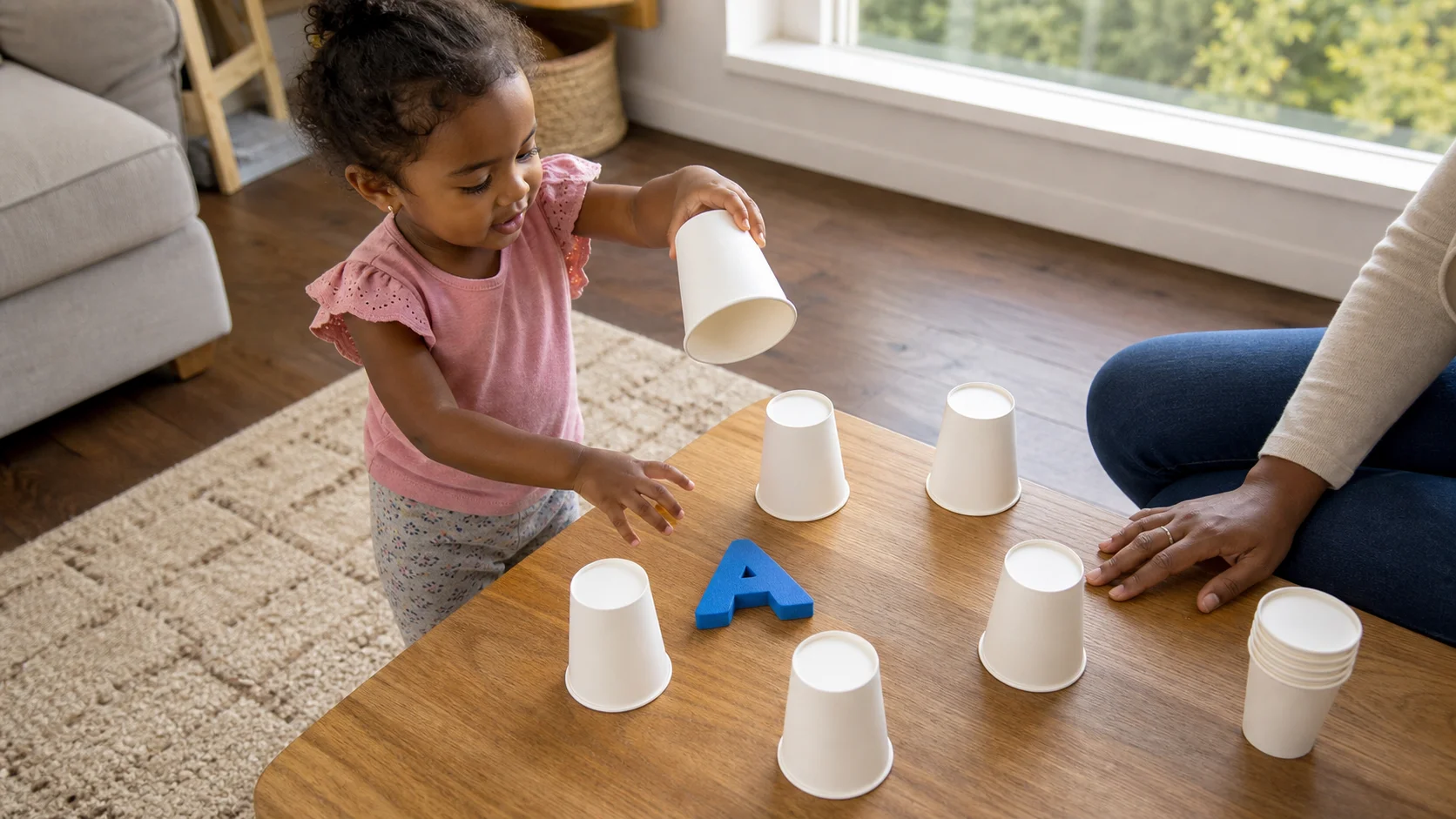 Toddler lifting paper cups to find a large alphabet letter on a low table.