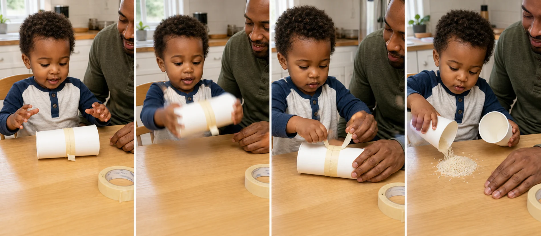 Four panels showing a child shaking the taped cups, helping peel the tape, opening the cups, and dumping the filler into one spot.