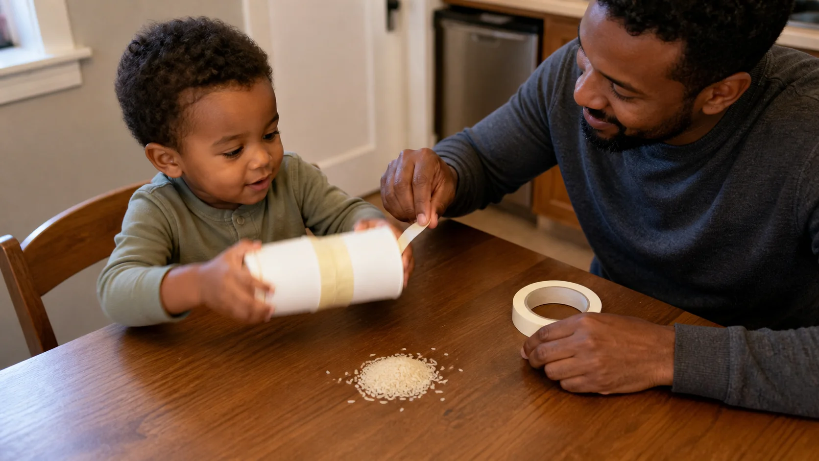 A toddler shaking a taped paper cup rattle at a small table while a grown-up keeps dry filler contained nearby.