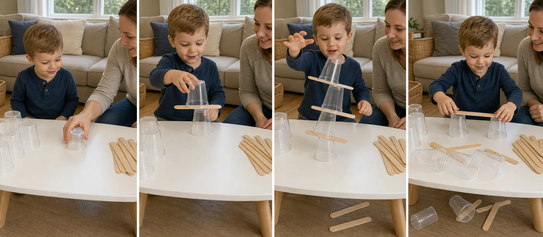 Three-step sequence showing a cup-and-stick tower being built, wobbling, and rebuilt after a crash.