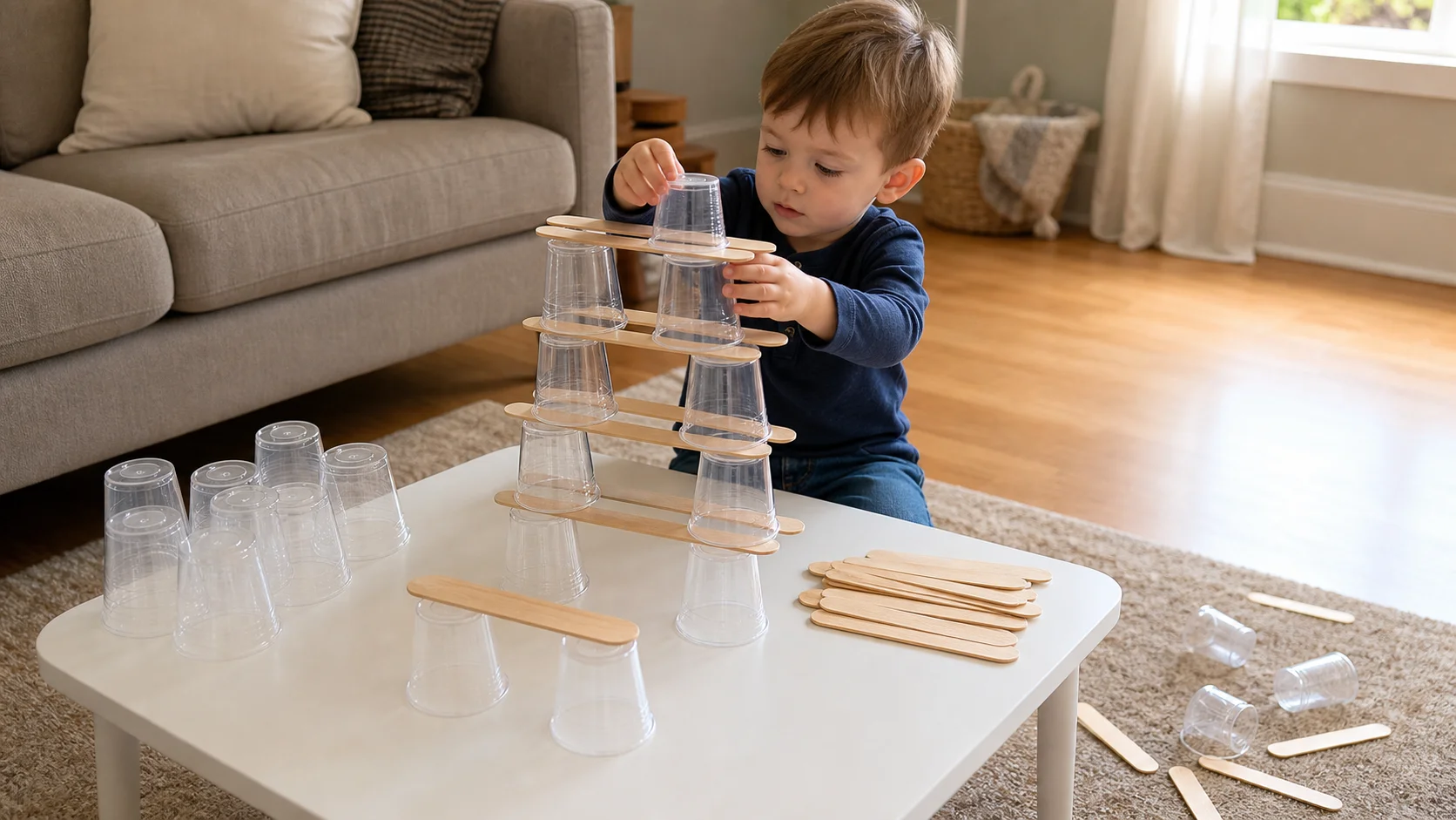Toddler stacking upside-down cups and jumbo craft sticks into a wobbly tower on the floor.