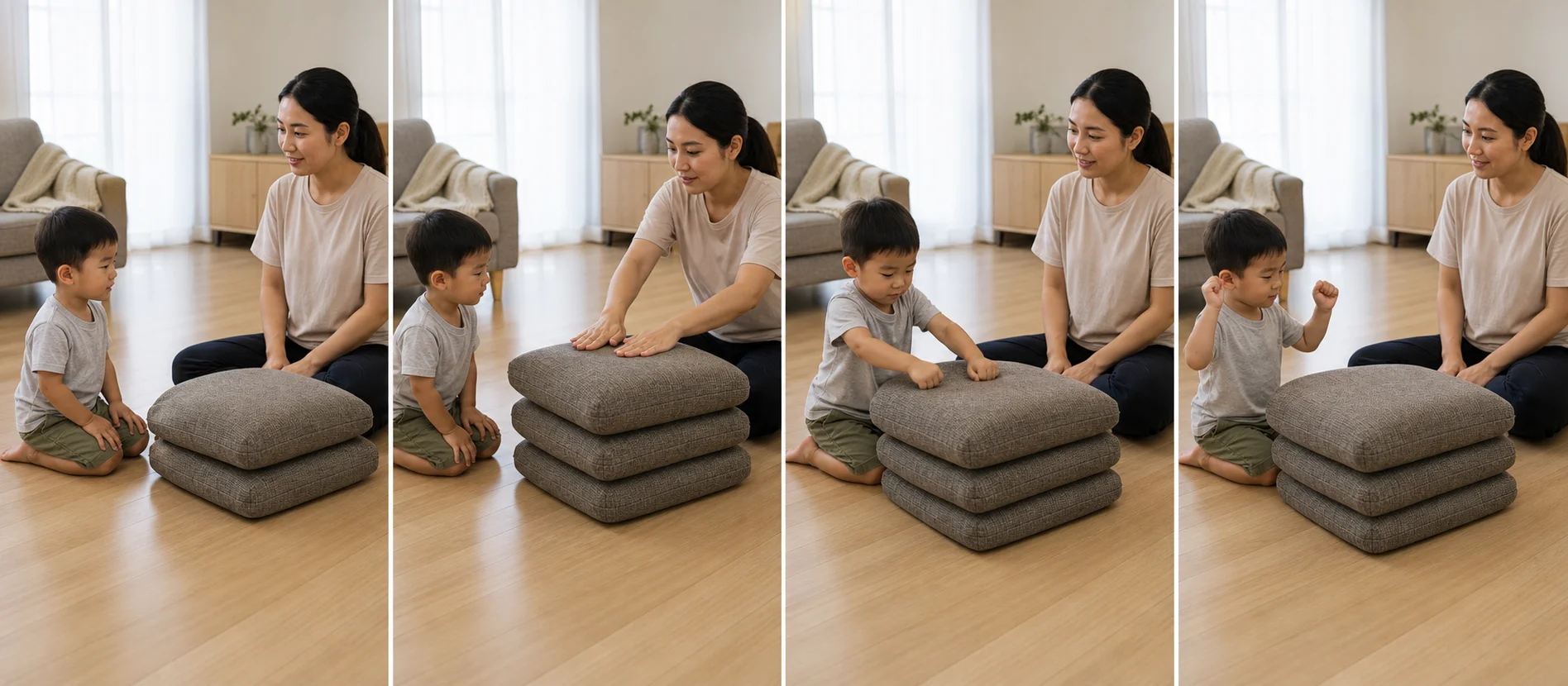 A multi-panel sequence shows a grown-up modeling slow drum beats on a cushion pile, a child copying the beats, pausing, and starting another short round.
