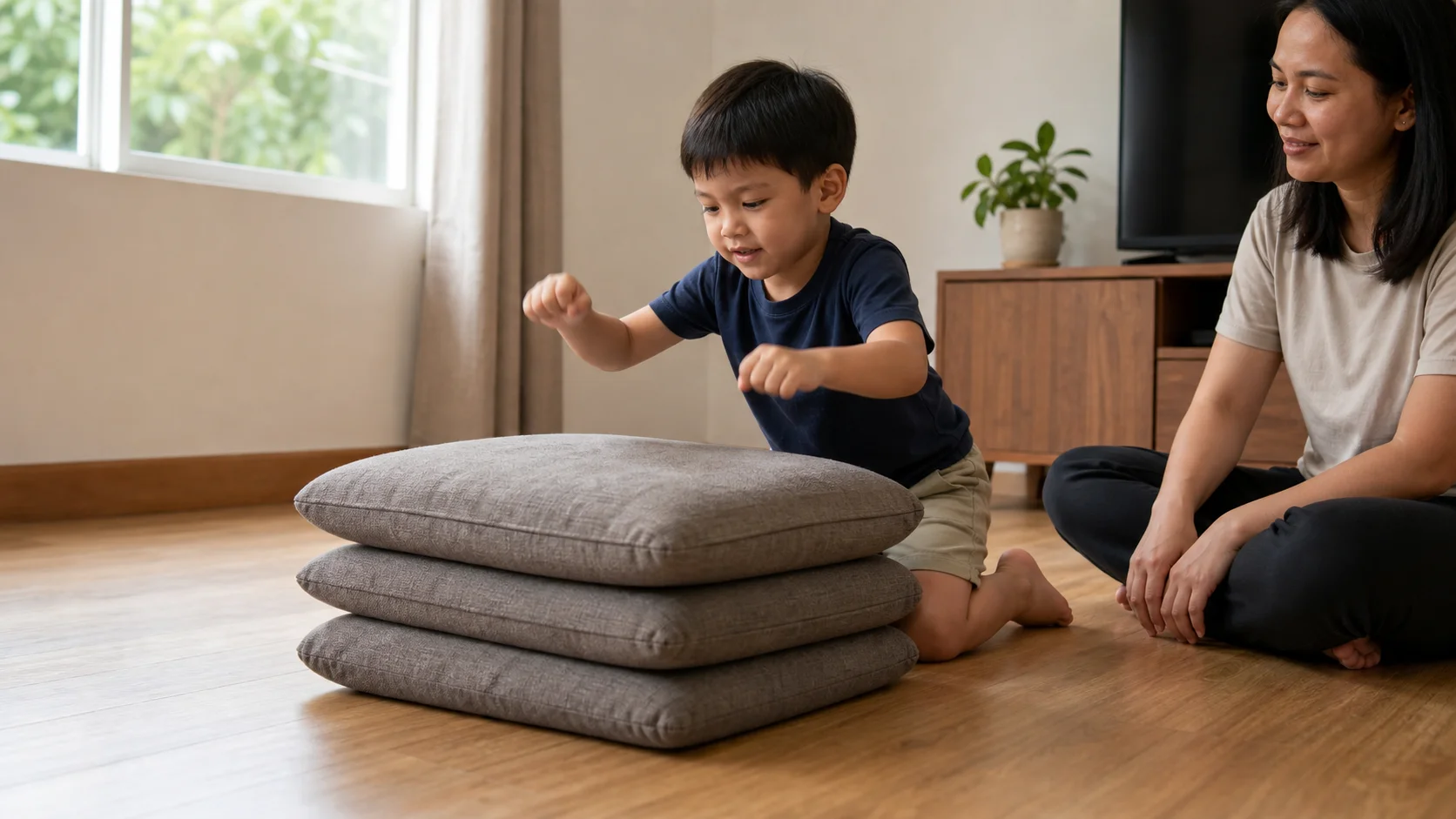 A young child kneels on the floor and thumps a therapy ball with both fists while a grown-up sits nearby.